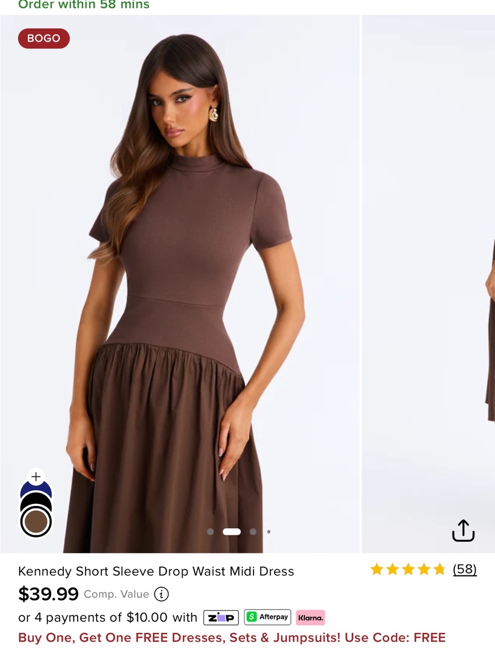 Fashion Nova Brown Short Sleeve Drop Waist Midi Dress